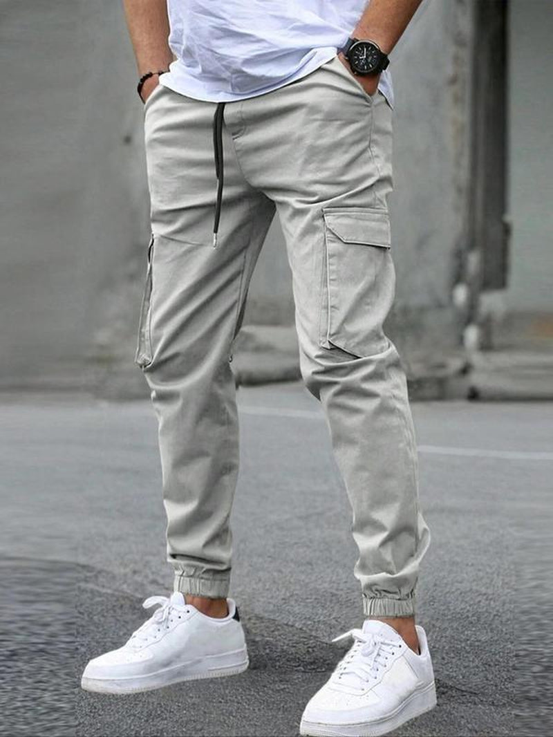 Men'S Solid Flap Pocket Drawstring Waist Cargo Pants, Regular Fit Casual Street Jogger Pants for Daily Wear, Men'S Trousers for All Seasons