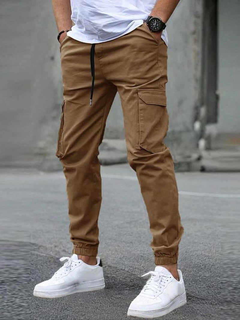Men'S Solid Flap Pocket Drawstring Waist Cargo Pants, Regular Fit Casual Street Jogger Pants for Daily Wear, Men'S Trousers for All Seasons