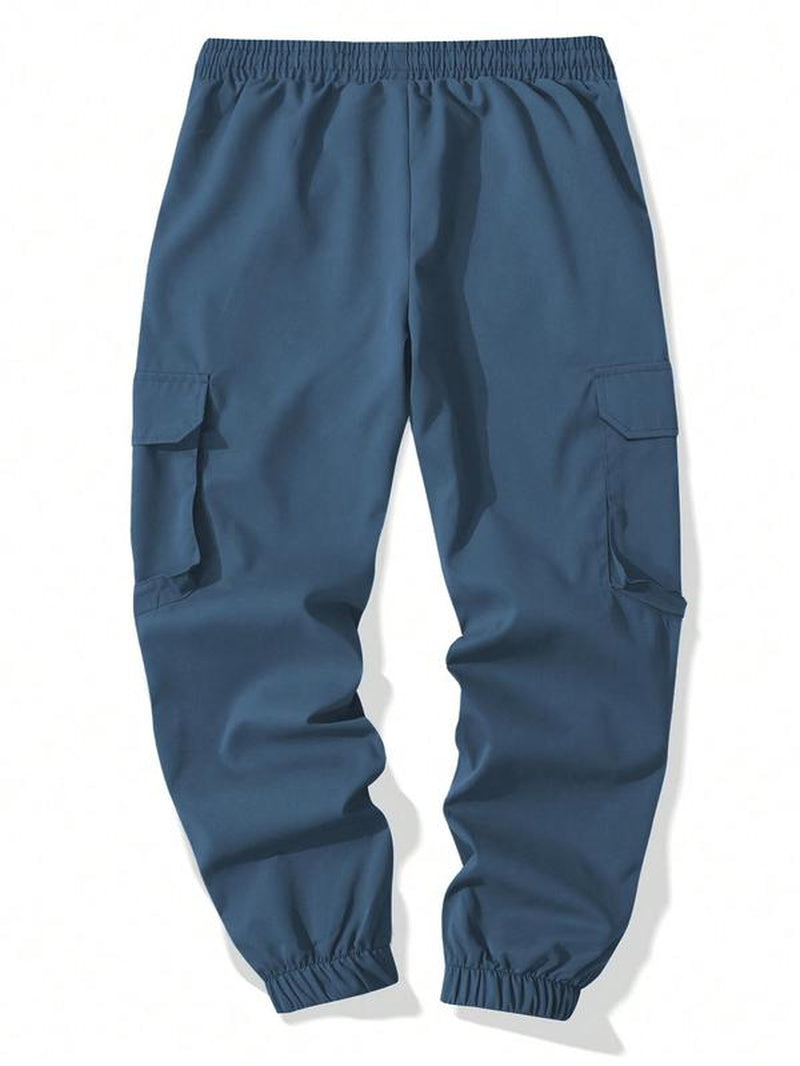 Men'S Solid Flap Pocket Drawstring Waist Cargo Pants, Regular Fit Casual Street Jogger Pants for Daily Wear, Men'S Trousers for All Seasons
