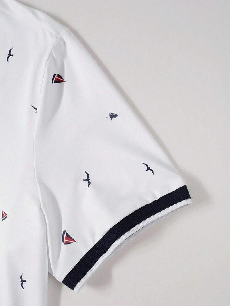 Men's All over Print Contrast Binding Half Placket Polo Shirt, Regular Fit Casual Streetwear Short Sleeve Button Front Top for Summer, Polo Shirts Men, Menswear for Daily Wear