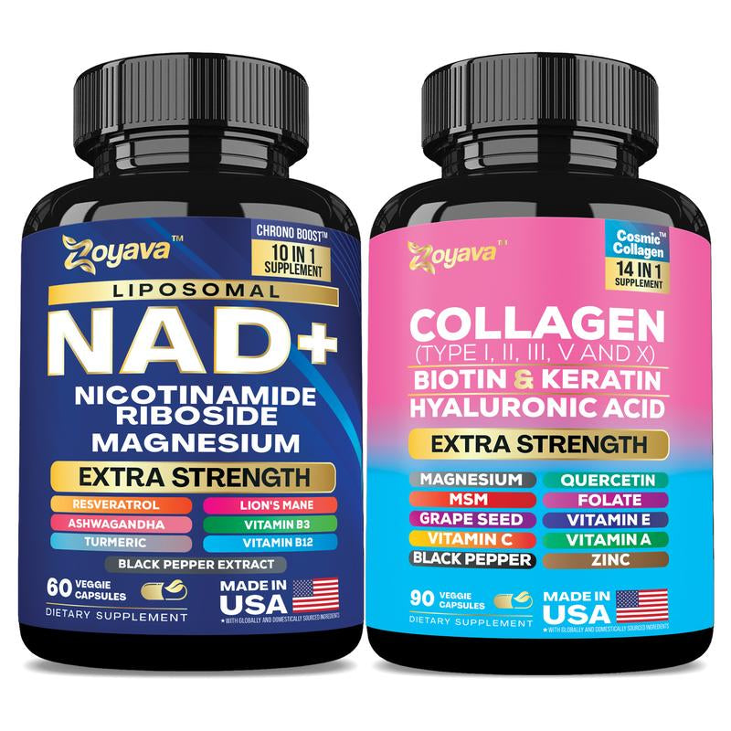 Her Skin plus Bundle - Zoyava NAD+ & Collagen All-In-One Supplement Combo for Extra Skin Aging Support, Hair Health, & Overall Wellness - Made in USA