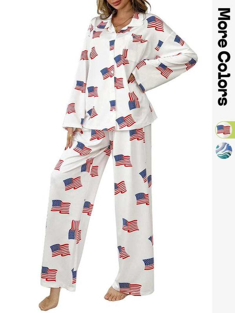 Women's All over Print Button Front Pajama Two-Piece Set, Casual Elegant Comfy Drop Shoulder Long Sleeve Top & Pants Pj Set, Ladies Matching Sleepwear for All Seasons