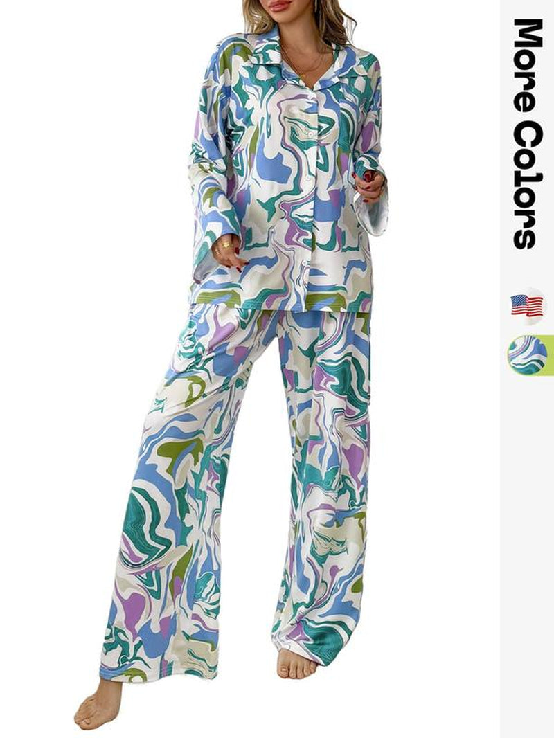 Women's All over Print Button Front Pajama Two-Piece Set, Casual Elegant Comfy Drop Shoulder Long Sleeve Top & Pants Pj Set, Ladies Matching Sleepwear for All Seasons