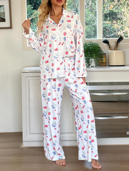 Women's All over Print Button Front Pajama Two-Piece Set, Casual Elegant Comfy Drop Shoulder Long Sleeve Top & Pants Pj Set, Ladies Matching Sleepwear for All Seasons