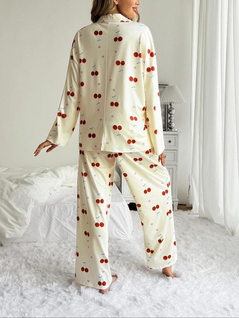 Women's All over Print Button Front Pajama Two-Piece Set, Casual Elegant Comfy Drop Shoulder Long Sleeve Top & Pants Pj Set, Ladies Matching Sleepwear for All Seasons