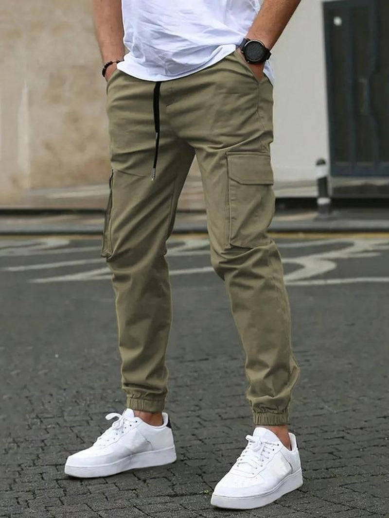 Men'S Solid Flap Pocket Drawstring Waist Cargo Pants, Regular Fit Casual Street Jogger Pants for Daily Wear, Men'S Trousers for All Seasons