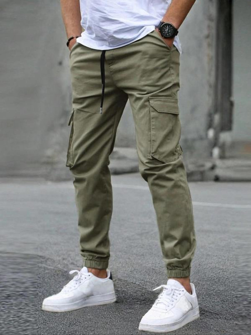 Men'S Solid Flap Pocket Drawstring Waist Cargo Pants, Regular Fit Casual Street Jogger Pants for Daily Wear, Men'S Trousers for All Seasons