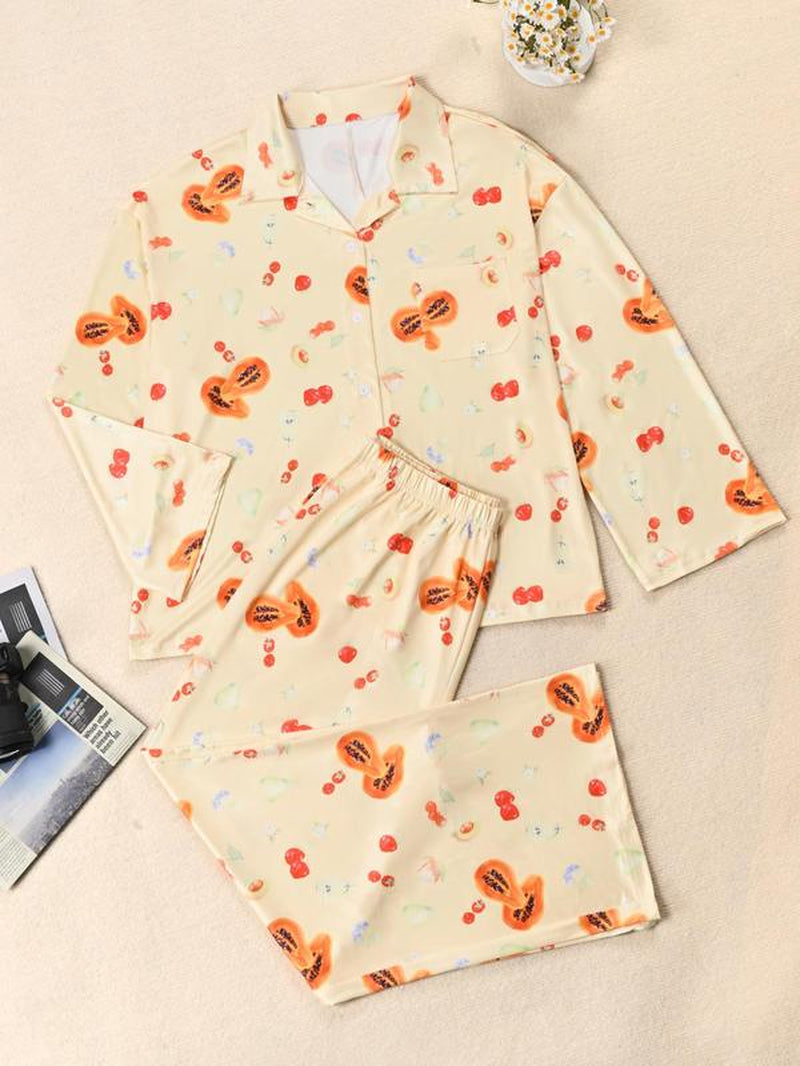 Women's All over Print Button Front Pajama Two-Piece Set, Casual Elegant Comfy Drop Shoulder Long Sleeve Top & Pants Pj Set, Ladies Matching Sleepwear for All Seasons