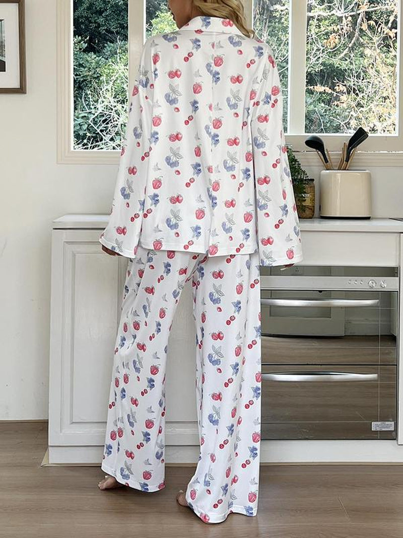 Women's All over Print Button Front Pajama Two-Piece Set, Casual Elegant Comfy Drop Shoulder Long Sleeve Top & Pants Pj Set, Ladies Matching Sleepwear for All Seasons