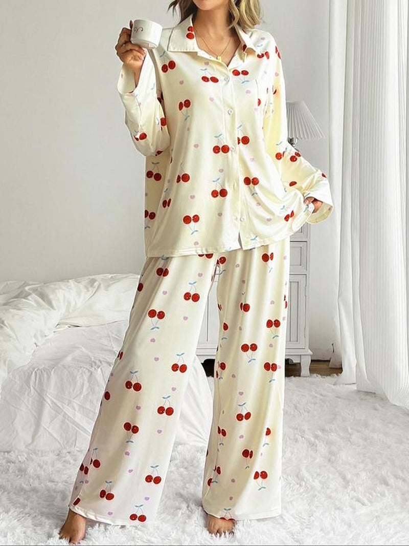 Women's All over Print Button Front Pajama Two-Piece Set, Casual Elegant Comfy Drop Shoulder Long Sleeve Top & Pants Pj Set, Ladies Matching Sleepwear for All Seasons