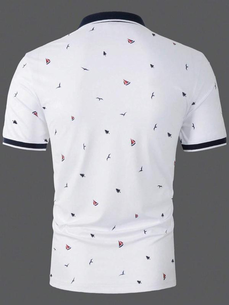 Men's All over Print Contrast Binding Half Placket Polo Shirt, Regular Fit Casual Streetwear Short Sleeve Button Front Top for Summer, Polo Shirts Men, Menswear for Daily Wear