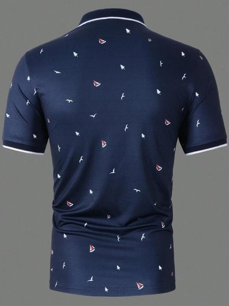 Men's All over Print Contrast Binding Half Placket Polo Shirt, Regular Fit Casual Streetwear Short Sleeve Button Front Top for Summer, Polo Shirts Men, Menswear for Daily Wear