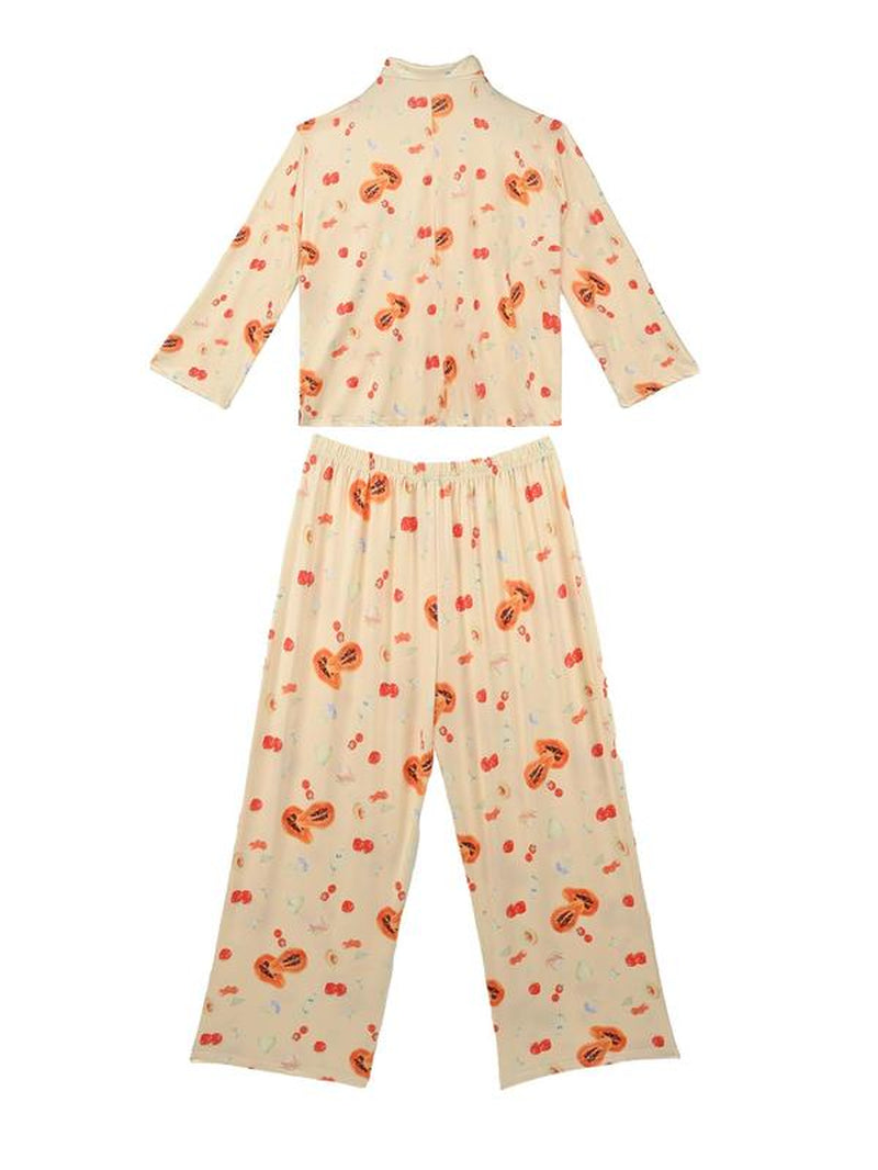 Women's All over Print Button Front Pajama Two-Piece Set, Casual Elegant Comfy Drop Shoulder Long Sleeve Top & Pants Pj Set, Ladies Matching Sleepwear for All Seasons