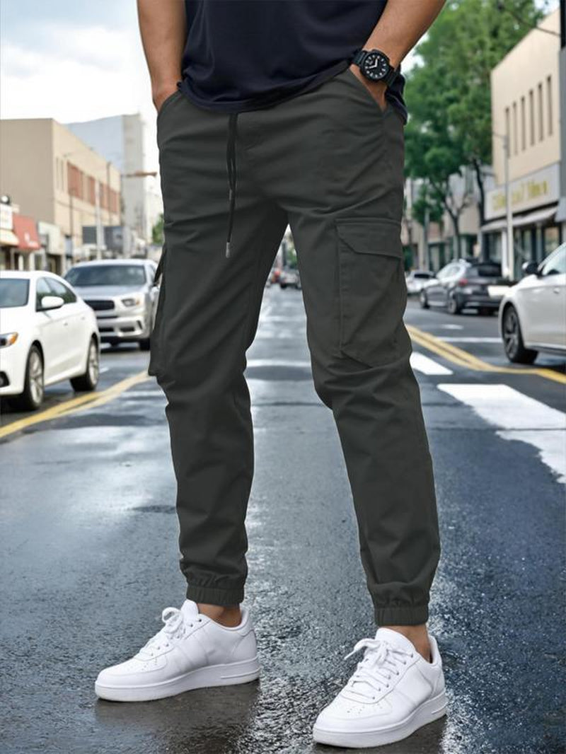 Men'S Solid Flap Pocket Drawstring Waist Cargo Pants, Regular Fit Casual Street Jogger Pants for Daily Wear, Men'S Trousers for All Seasons