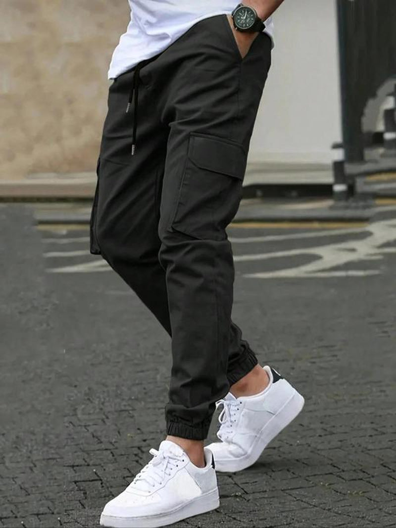 Men'S Solid Flap Pocket Drawstring Waist Cargo Pants, Regular Fit Casual Street Jogger Pants for Daily Wear, Men'S Trousers for All Seasons