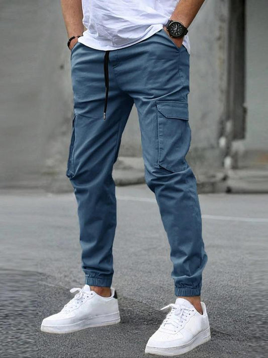 Men'S Solid Flap Pocket Drawstring Waist Cargo Pants, Regular Fit Casual Street Jogger Pants for Daily Wear, Men'S Trousers for All Seasons
