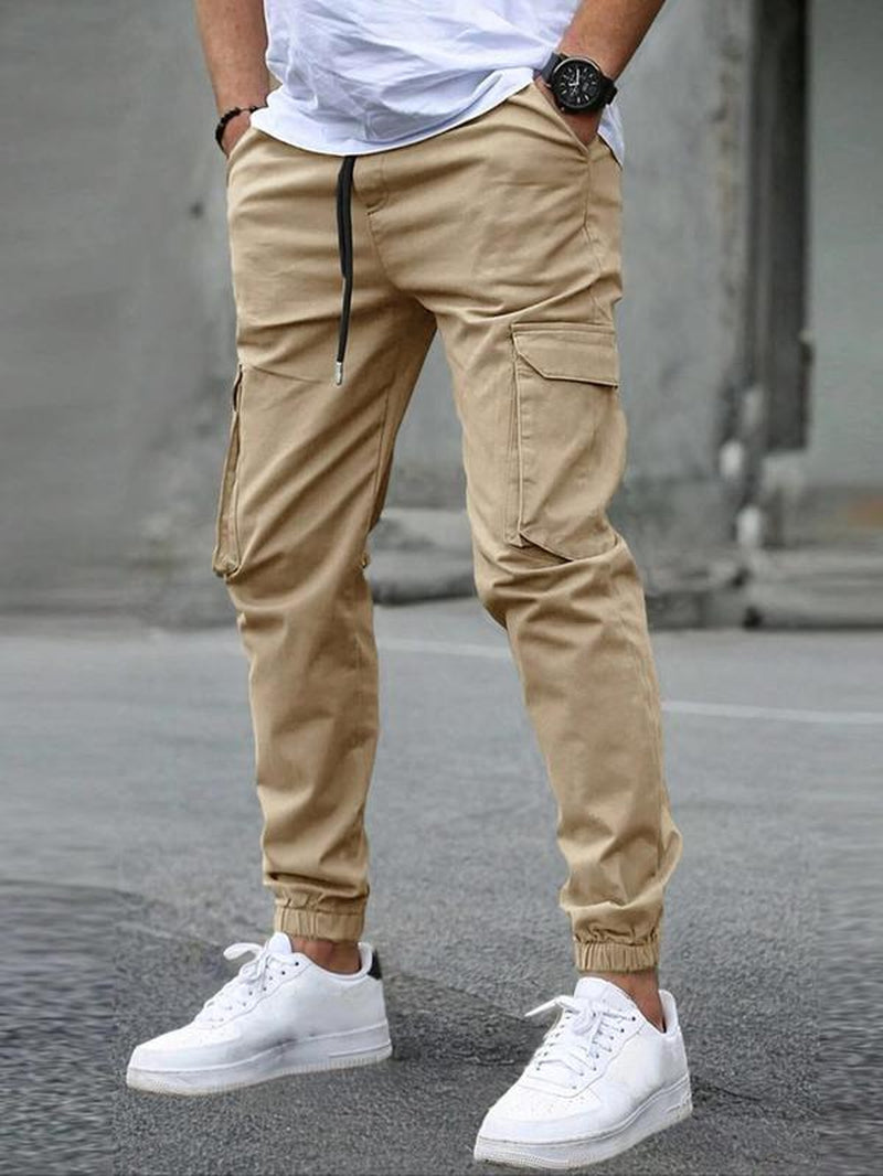 Men'S Solid Flap Pocket Drawstring Waist Cargo Pants, Regular Fit Casual Street Jogger Pants for Daily Wear, Men'S Trousers for All Seasons