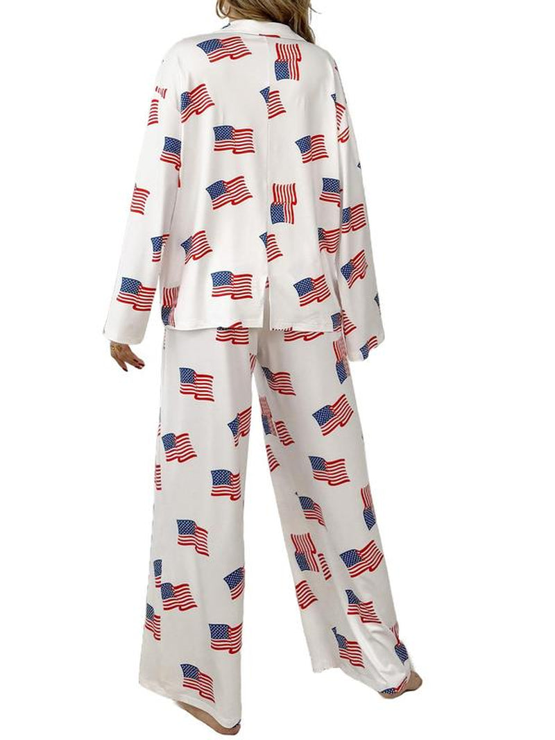Women's All over Print Button Front Pajama Two-Piece Set, Casual Elegant Comfy Drop Shoulder Long Sleeve Top & Pants Pj Set, Ladies Matching Sleepwear for All Seasons